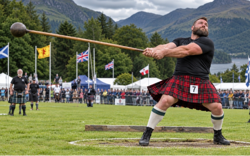 An athlete in a red tartan kilt throwing the hammer at a Highland games