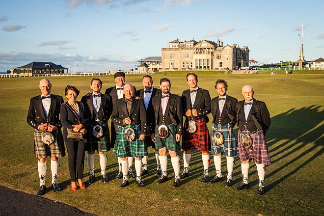 A Group of people in Golf Court wearing Kilts