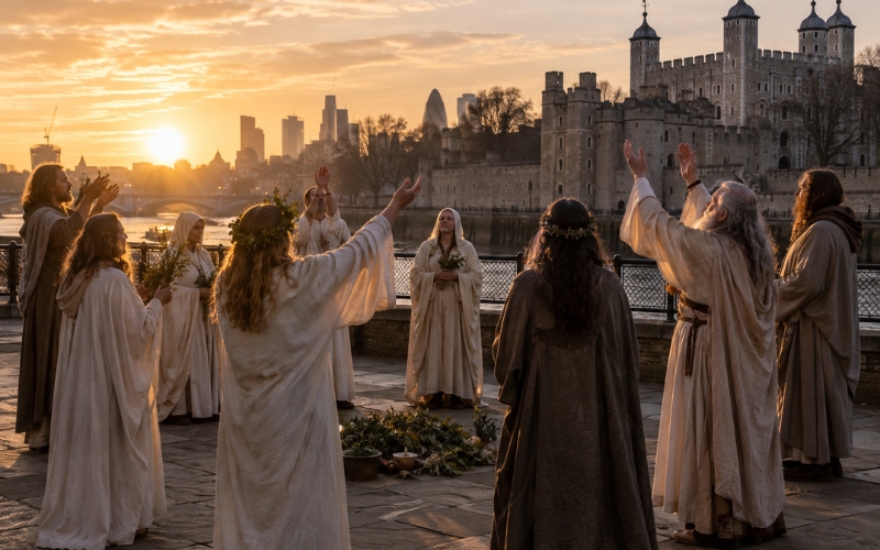 Robed figures raising their arms at sunrise during a Celtic seasonal celebration